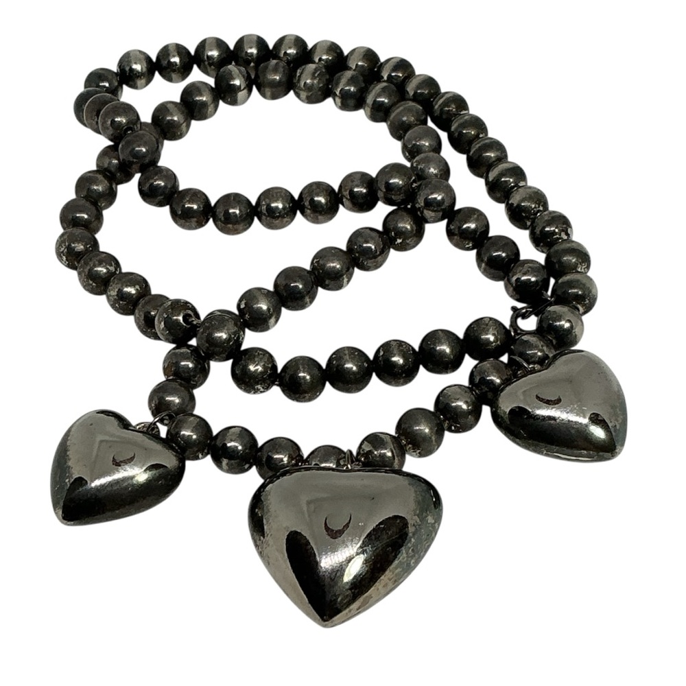 Vintage Silver Tone Beaded Necklace with Puffy Heart Charms – Made in Korea